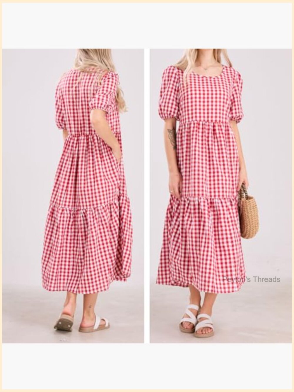 Retro Lantern Puff Sleeve Plaid Dress Gingham Swing Tiered Midi Long - Picture 5 of 7